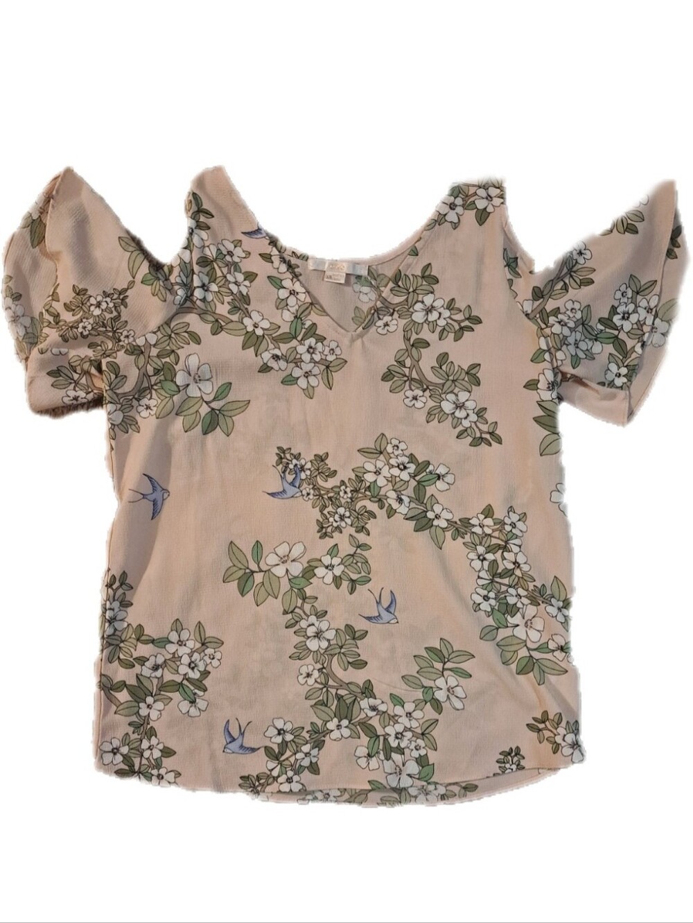 C&E Size XS Floral Blush Pink & Sage Bird Pattern Cold Shoulder Top